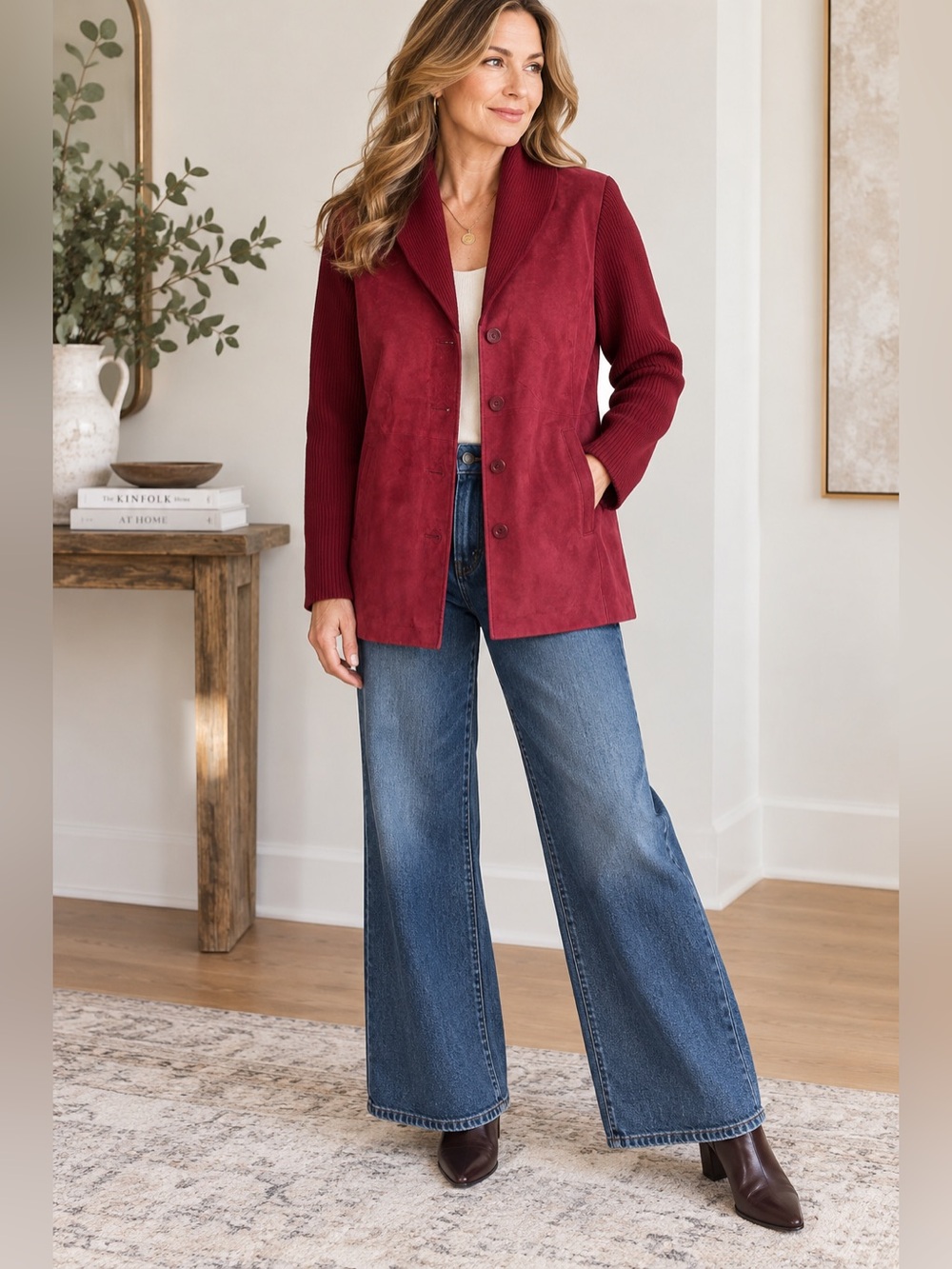 Women’s cranberry, burgundy Red Suede Jacket with Rib Knit Sleeves